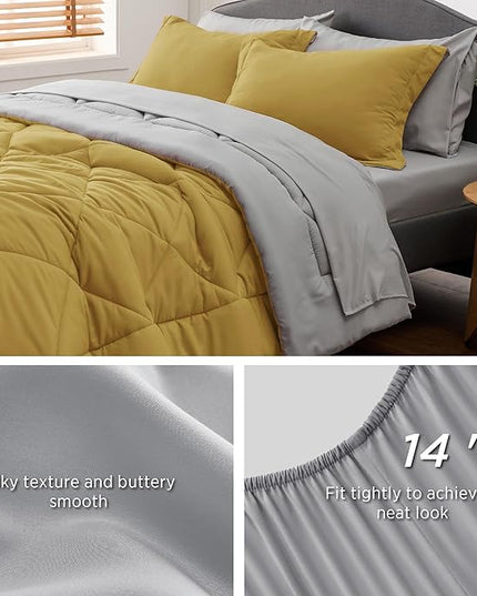 Bedsure Mustard Yellow Queen Comforter Set - 7 Pieces Reversible Queen Bed in a Bag, Queen Bed Set Mustard Yellow and Grey with Comforters, Sheets, Pillowcases & Shams - LeafyLoom