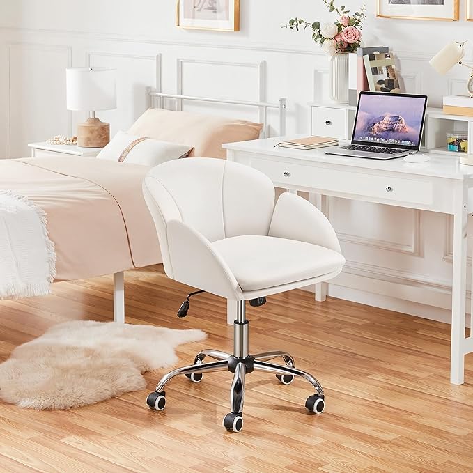 Yaheetech Cute Petal Desk Chair Home Office Swivel Upholstered Leather Makeup Vanity with Armrests for Bedroom Modern Computer Rolling Women White - LeafyLoom