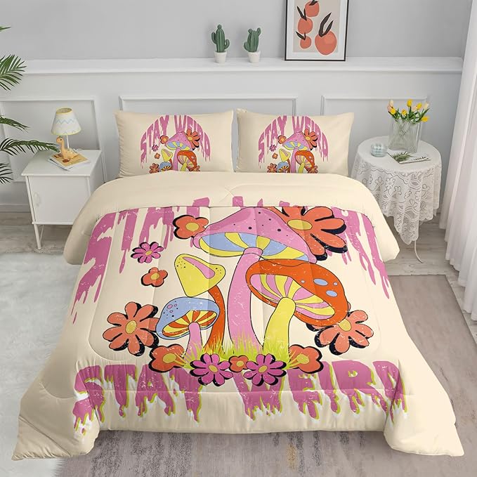 Axolotl Cartoon Mushroom Comforter Set Twin,Colorful Mushrooms Bedding Girls Bedding Set,Floral Comforter Set Red Pink Flower,Cute Mushroom Bedding Set for Kids Boys Girls Teens,1 Quilt 2 Pillowcases - LeafyLoom