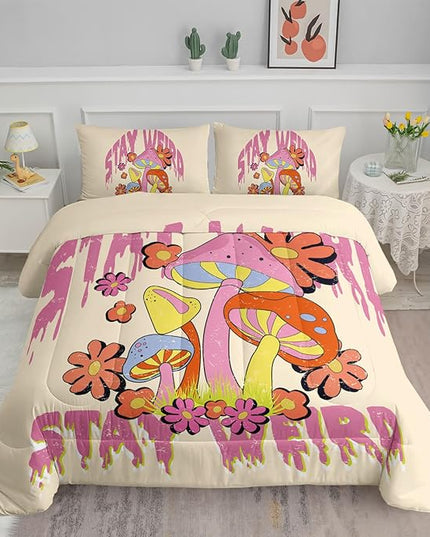 Axolotl Cartoon Mushroom Comforter Set Queen,Colorful Mushrooms Bedding Girls Bedding Set,Floral Comforter Set Red Pink Flower,Cute Mushroom Bedding Set For Kids Boys Girls Teens,1 Quilt 2 Pillowcases - LeafyLoom