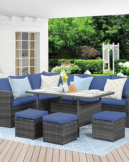 Wisteria Lane Outdoor Patio Furniture Set, 7 Piece Outdoor Dining Sectional Sofa with Dining Table and Chair, All Weather Wicker Conversation Set with Ottoman,Blue - LeafyLoom