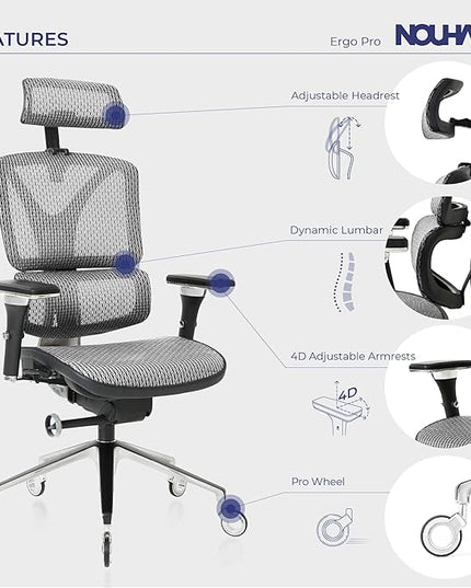 Nouhaus Ergonomic Office Chair Lumbar Support Aluminum Alloy Backrest, Big and Tall Mesh Computer Desk Chair with Adjustable Headrest, 4D Armrest and Premium Wheels(ErgoPRO,Silver) - LeafyLoom