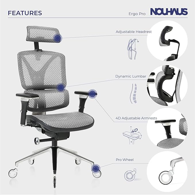 Nouhaus Ergonomic Office Chair Lumbar Support Aluminum Alloy Backrest, Big and Tall Mesh Computer Desk Chair with Adjustable Headrest, 4D Armrest and Premium Wheels(ErgoPRO,Silver) - LeafyLoom