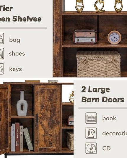 WEENFON Floor Storage Cabinet, Buffet Storage Cabinet with 2 Barn Doors, Industrial Sideboard with Adjustable Shelves, Buffet Table for Dining Room, Living Room, Kitchen, Rustic Brown - LeafyLoom