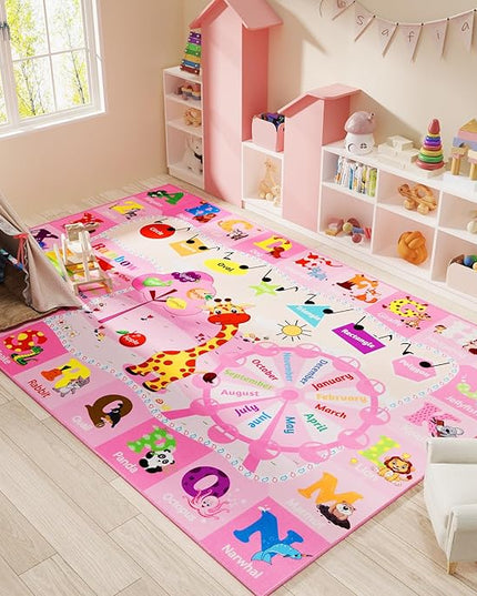 Pink Playroom Rug 4x6,Rugs for Girls Kids Bedroom Nursery Rug,ABC Rug with Alphabets Animals Shapes,Educational and Fun Child Playmat Baby Care Rug,Learning Rug Carpets for Children Toddler - LeafyLoom