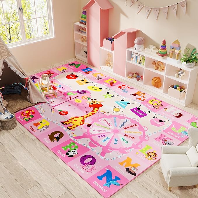 Kids Rug 5x7 Pink Rugs for Girls Bedroom Playroom Child Play Mat Educational and Fun Baby Care Rugs,Learning Rug with ABC Alphabets Animals Shapes No-Slip Carpets for Children Toddler Washable - LeafyLoom