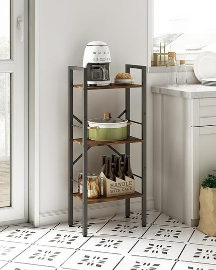 Tajsoon 3 Tier Ladder Shelf Industrial Small Bookcase, Narrow Small Bookshelf with Metal Frame, Multifunctional Skinny Shelf for Bedroom, Living Room, Home Office, Rustic Brown - LeafyLoom