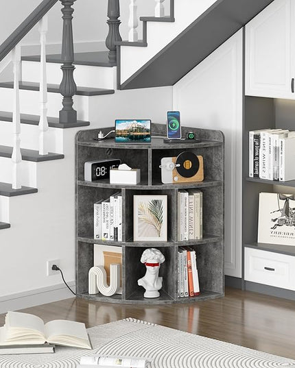 Vecelo Corner Cabinet with Charging Station, 3-Tier Cube Storage Organizer with USB Ports and Outlets, Triangle Bookcases with 8 Cubbies for Playroom, Bedroom, Living Room, Grey - LeafyLoom