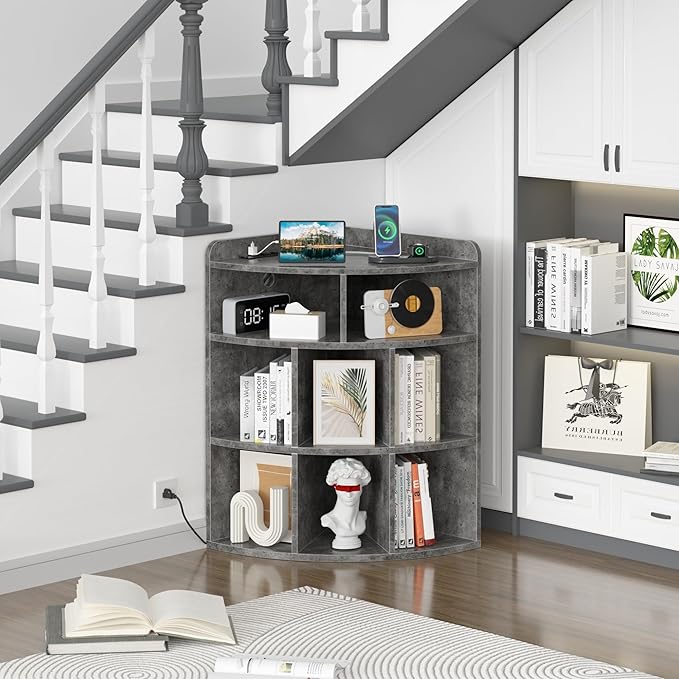 Vecelo Corner Cabinet with Charging Station, 3-Tier Cube Storage Organizer with USB Ports and Outlets, Triangle Bookcases with 8 Cubbies for Playroom, Bedroom, Living Room, Grey - LeafyLoom