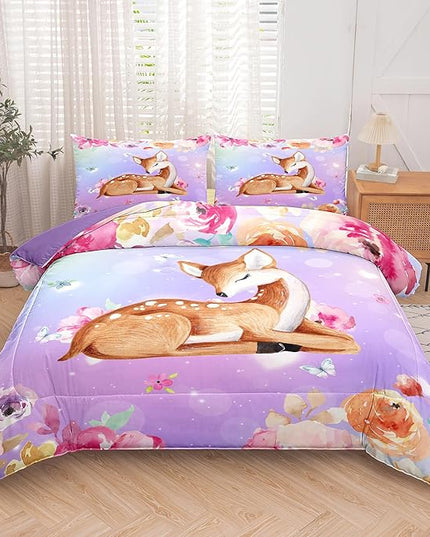 NINENINE Deer Bedding Kawaii Deer Comforter Sets for Girls Kids,Cute Deer Bedding Queen Size Comforter sets for Girls,Watercolor Wildlife Bedding Set with 1 Comforter 2 Pillowcases… - LeafyLoom