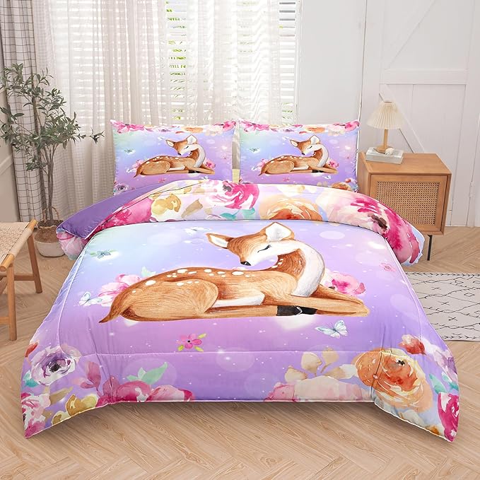 NINENINE Deer Bedding Kawaii Deer Comforter Sets for Girls Kids,Cute Deer Bedding Queen Size Comforter sets for Girls,Watercolor Wildlife Bedding Set with 1 Comforter 2 Pillowcases… - LeafyLoom