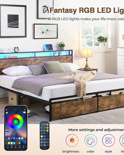 LED Full Bed Frame with 2 Storage Drawers & Headboard, Platform Metal Bed Frame with Charging Station, Noise-Free, No Box Spring Needed, Vintage Brown - LeafyLoom