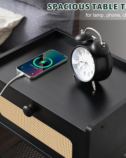 Night Stand, Side Table with Rattan Drawer, Nightstand with Charging Station, Industrial Bedside Table with 3-Tier Storage, Black JET003CB1 - LeafyLoom