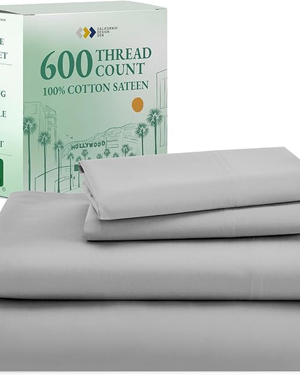 California Design Den Split King Sheet Set - 100% Cotton, 600 Thread Count, Breathable Luxury King Size Sheets for Adjustable Bed, Luxury Hotel-Quality Sheets with Soft Sateen Weave - Light Grey - LeafyLoom