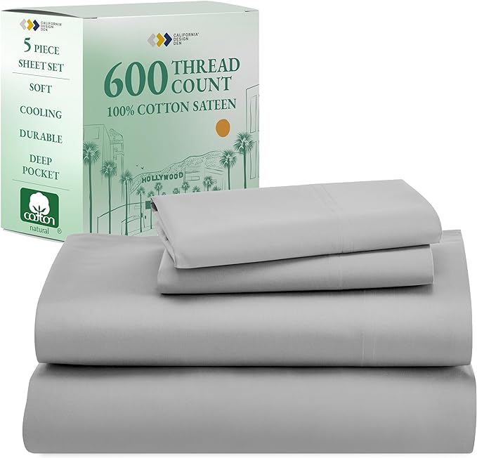 California Design Den Split King Sheet Set - 100% Cotton, 600 Thread Count, Breathable Luxury King Size Sheets for Adjustable Bed, Luxury Hotel-Quality Sheets with Soft Sateen Weave - Light Grey - LeafyLoom