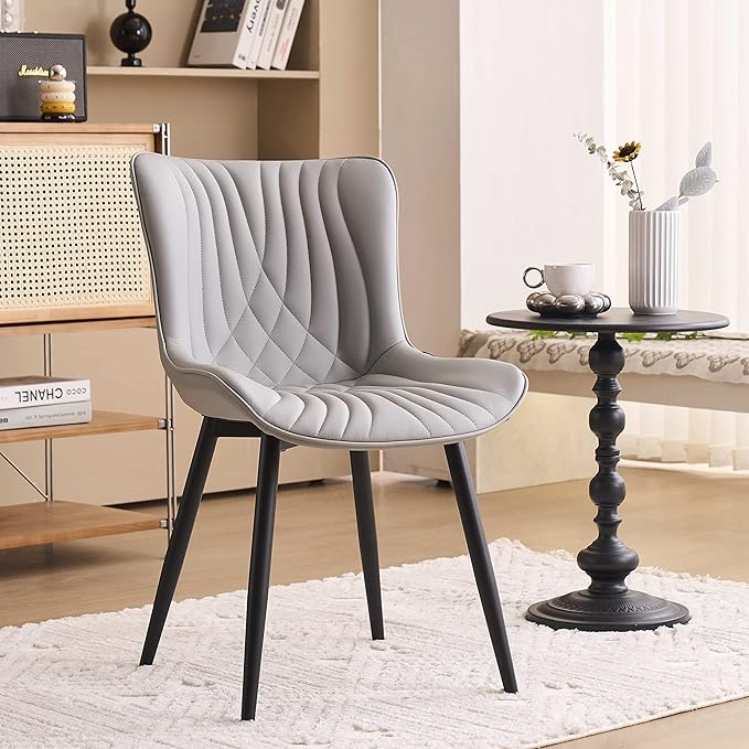 YOUTASTE Grey Dining Chairs Set of 2 Faux Leather Upholstered Kitchen Dining Room Chairs Mid Century Modern Metal Legs Chairs High Back for Kitchen Restaurant Living Room Bedrooms - LeafyLoom