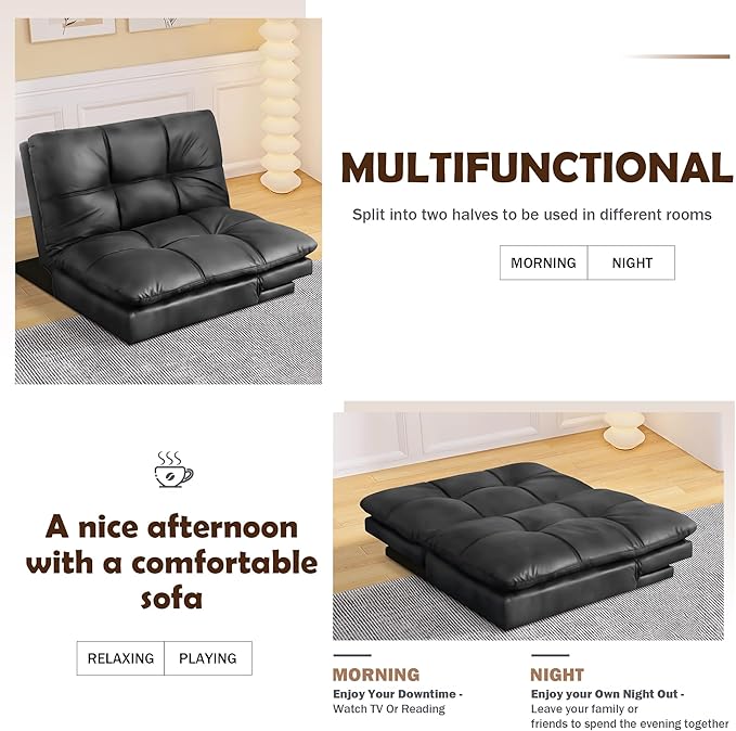 Futon Sofa Bed, Memory Foam Futon Sleeper Sofa Loveseat Convertible Couch Bed for Small Compact Living Spaces,Apartment,Black Leather - LeafyLoom