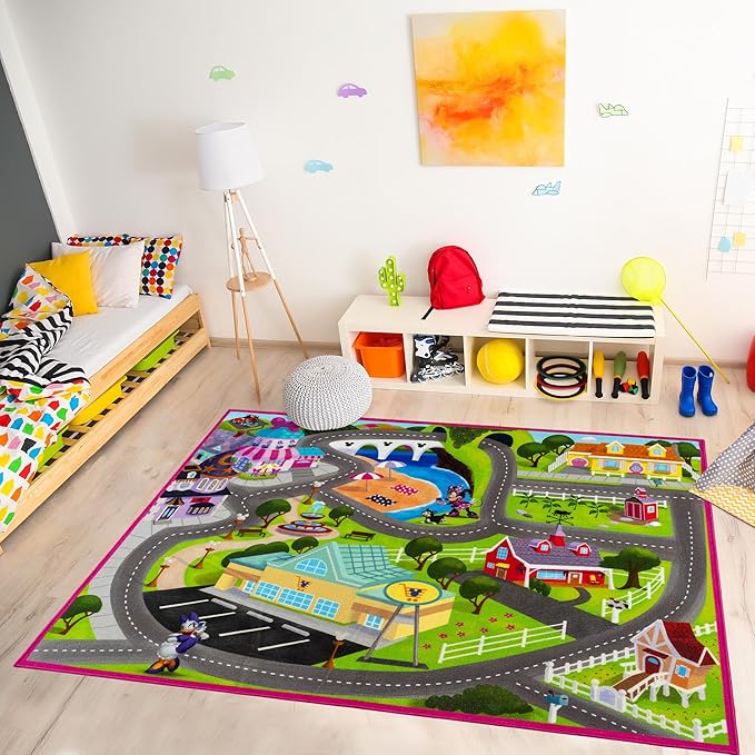 Gertmenian Disney Minnie Mouse Happy Helpers Road Play Area Rug for Children | Kids Home Decor for Girls & Boys | 4x6 Large, Multi, 27058 - LeafyLoom