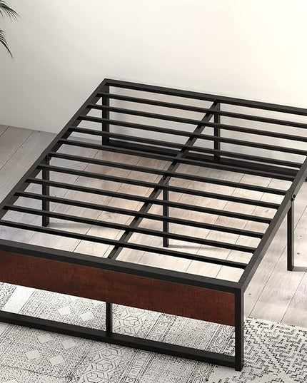 SHA CERLIN 14'' Queen Size Metal Platform Bed Frame with Rustic Wood & Reverse Holes/Ample Under-Bed Storage Space/Mattress Foundation/No Box Spring Needed/Easy Assembly - LeafyLoom