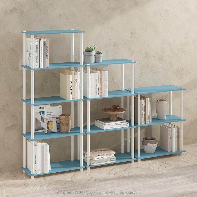 Furinno Turn-N-Tube 4-Tier Multipurpose Shelf Display Rack, Shelving Unit, Bookcase, Light Blue/White - LeafyLoom