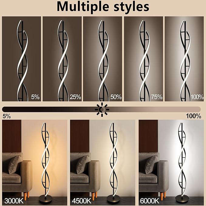 Spiral Floor Lamp 53 inch, with Remote Control Three Color Dimmable Standing Lamps, Modern Creative Pole Lamp, 36W Floor Lamps for Living Room, Bedroom, Office, Study Light（Black） - LeafyLoom