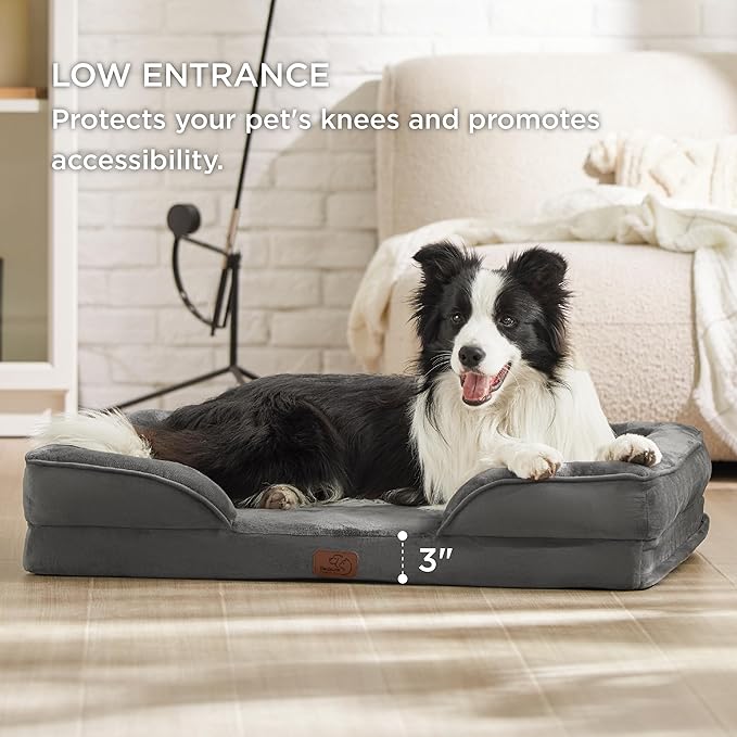 Bedsure Orthopedic Dog Bed for Large Dogs - Big Washable Dog Sofa Beds Large, Supportive Foam Pet Couch Bed with Removable Washable Cover, Waterproof Lining and Nonskid Bottom, Dark Grey BEDSURE