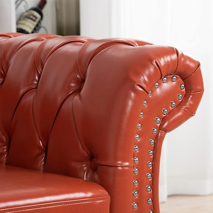 3-Seaters Living Room Clasic Chesterfield Sofa Couch Button Tufted PU Leather Upholstered Sofa&Couch with Luxury Roller Armrest Soild Wood Legs Movable Cushions & Nailhead Decor - LeafyLoom