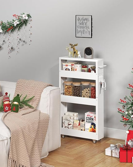 Slim Storage Cart, 4-Tier Kitchen Rolling Cart Narrow Storage Cabinet with Handle & Wheels, Metal Rolling Shelf Unit for Kitchen Bathroom Laundry Small Places(5 in Width/White) - LeafyLoom