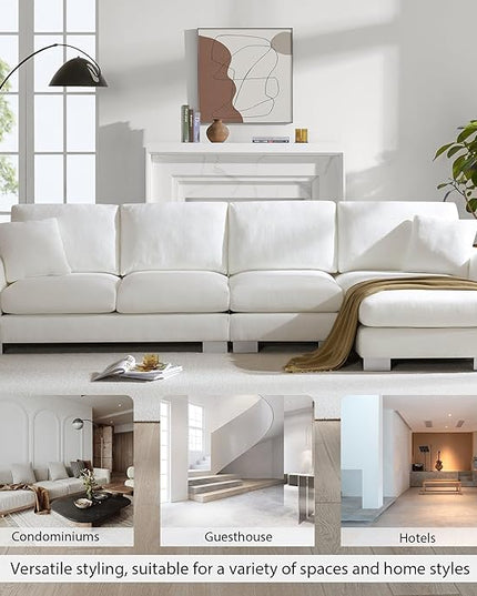 119" Sectional Sofa, L-Shaped Couch Set with 2 Free Pillows and Chaise, 5-seat Chenille Indoor Furniture for Living Room, Apartment, Office, 119inch, White - LeafyLoom