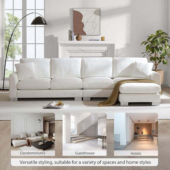 119" Sectional Sofa, L-Shaped Couch Set with 2 Free Pillows and Chaise, 5-seat Chenille Indoor Furniture for Living Room, Apartment, Office, 119inch, White - LeafyLoom