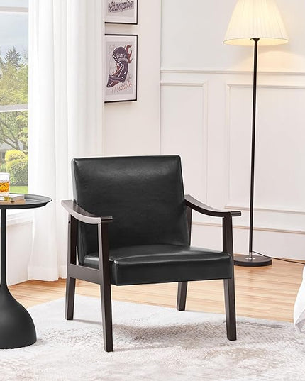 Yaheetech PU Leather Accent Chair, Mid-Century Modern Armchair with Solid Wood Legs, Reading Leisure Chair with High Back for Living Room Bedroom Waiting Room, Black - LeafyLoom
