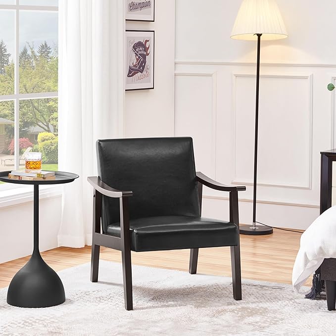 Yaheetech PU Leather Accent Chair, Mid-Century Modern Armchair with Solid Wood Legs, Reading Leisure Chair with High Back for Living Room Bedroom Waiting Room, Black - LeafyLoom