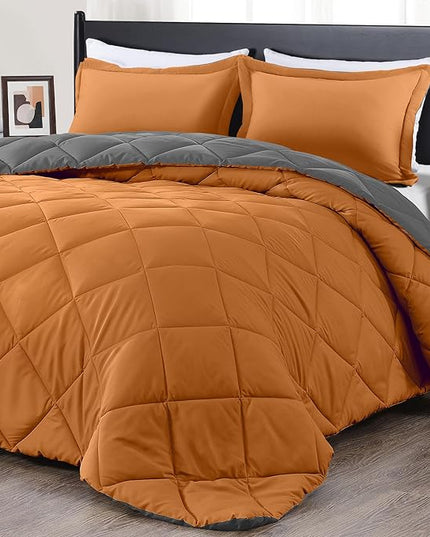 downluxe Queen Comforter Set - Burnt Orange and Grey Queen Comforter, Soft Bedding Sets for All Seasons -3 Pieces - 1 Comforter (88"x92") and 2 Pillow Shams(20"x26") - LeafyLoom
