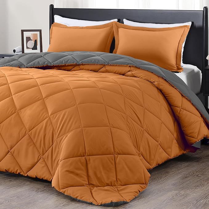 downluxe Queen Comforter Set - Burnt Orange and Grey Queen Comforter, Soft Bedding Sets for All Seasons -3 Pieces - 1 Comforter (88"x92") and 2 Pillow Shams(20"x26") - LeafyLoom