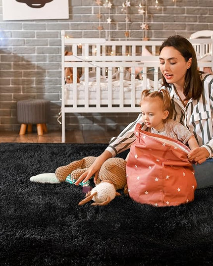 Super Soft Fluffy Shaggy Rugs 6x9 Feet for Living Room Bedroom, Fuzzy Plush Area Rugs for Girls Kids Room Nursery Home Decor, Furry Dorm Rug Cute Non-Slip Indoor Floor Carpet, Black - LeafyLoom