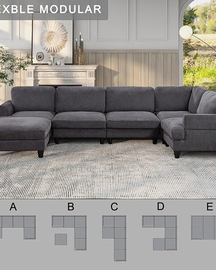 129.5" Modular Sectional Couch with Ottoman,6 Seat Chenille Corner Sofa with Seat Cushions Have a Built-in sSpring Pack,Multi-layered Plywood,for Living Room, Apartment, Bedroom, Office - LeafyLoom