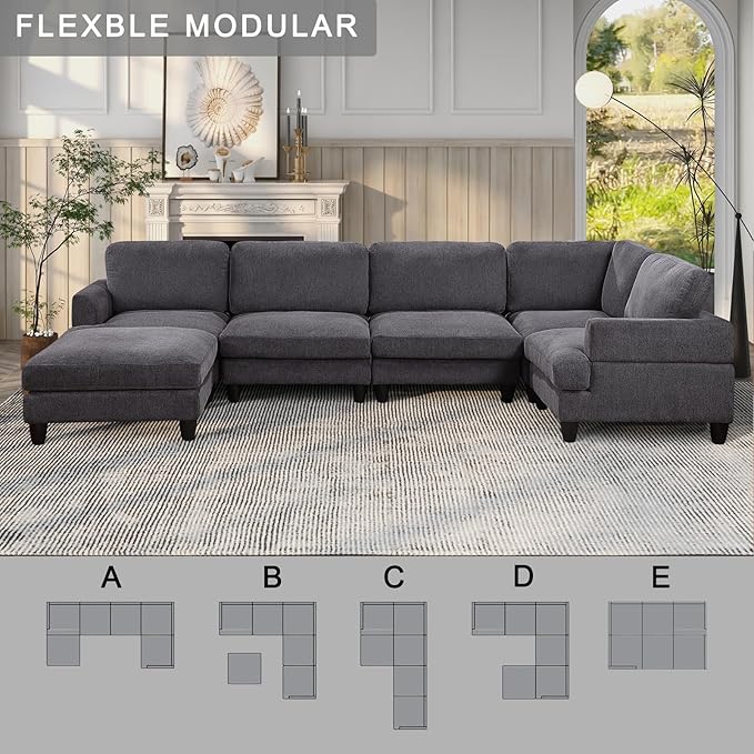129.5" Modular Sectional Couch with Ottoman,6 Seat Chenille Corner Sofa with Seat Cushions Have a Built-in sSpring Pack,Multi-layered Plywood,for Living Room, Apartment, Bedroom, Office - LeafyLoom