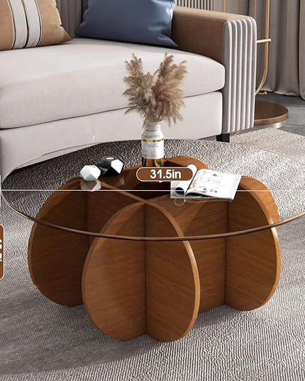 Glass Coffee Tables for Living Room Modern Elegant Round Coffee Table Mid Century Farmhouse Center Table with Solid Wood Frame and Tempered Glass Tabletop, Easy Assembly,31.5'' - LeafyLoom