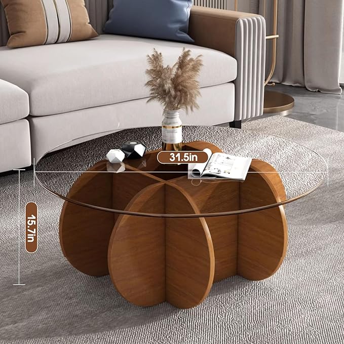 Glass Coffee Tables for Living Room Modern Elegant Round Coffee Table Mid Century Farmhouse Center Table with Solid Wood Frame and Tempered Glass Tabletop, Easy Assembly,31.5'' - LeafyLoom