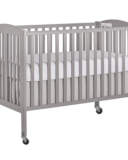 Folding Full Size Convenience Crib In Storm Grey, Two Adjustable Mattress Height Positions, Comes With Heavy Duty Locking Wheels, Flat Folding - LeafyLoom