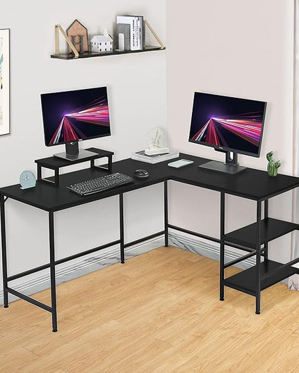L-Shaped Desk,Corner Computer Desk with Storage Shelves,Large Gaming Desk PC Laptop Writing Workstation with Monitor Stand for Home Office Black - LeafyLoom
