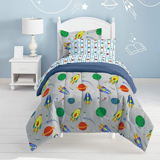 Dream Factory Space Rocket Ultra Soft Microfiber Comforter Set, Multi-Colored, Twin,2A745901MU - LeafyLoom