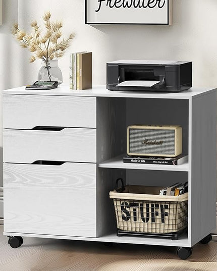 DUMOS Lateral File Cabinet with 3 Drawers Rolling Wooden Printer Stand Under Desk Storage Organizer with 4 Wheels Adjustable Shelf for Office Home, White - LeafyLoom