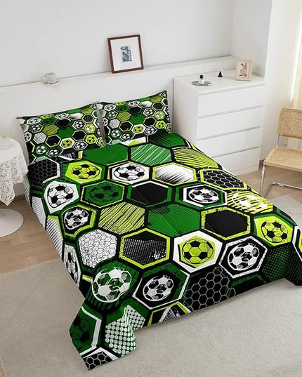Erosebridal Boys Football Comforter Set Full Soccer Sports Bedding Set Twin for Kids Teen,Geometric Honeycomb Down Comforter Hexagon Beehive Quilt Duvet Duvet Insert Green Black White 2 Pillow Cases - LeafyLoom