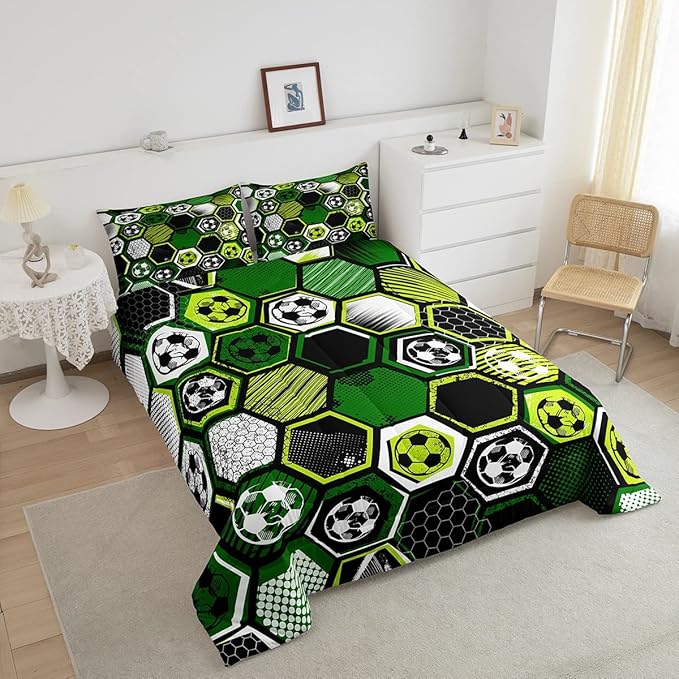 Erosebridal Boys Football Comforter Set Full Soccer Sports Bedding Set Twin for Kids Teen,Geometric Honeycomb Down Comforter Hexagon Beehive Quilt Duvet Duvet Insert Green Black White 2 Pillow Cases - LeafyLoom