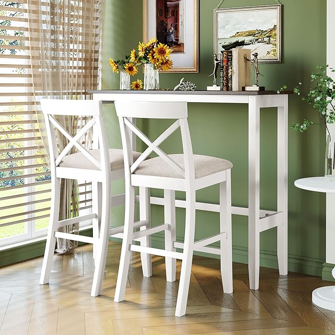 Farmhouse Style Rectangular Breakfast Nook with 2 Chairs, Solid Wood Multifunctional Bar Room, Kitchen, Small Place, Cherry, 3 Piece Dining Table Set - LeafyLoom