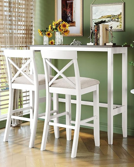 Voohek 3-Piece Bar Table and Chairs Set, Wood Counter Height Dining Furniture for 2, Small Space, Kitchen, Breakfast Nook, Bistro,Apartment, Industrial Style, White - LeafyLoom