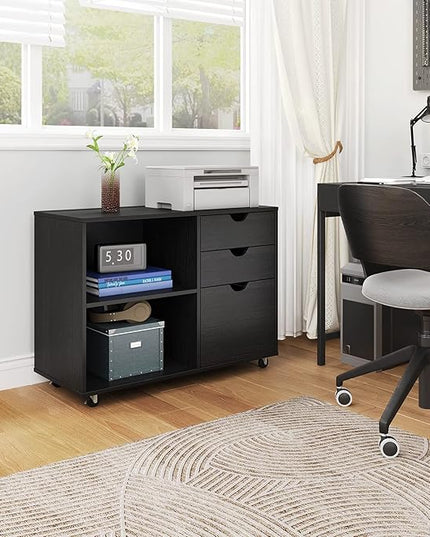 YITAHOME Wood File Cabinet, 3 Drawer Mobile Lateral Filing Cabinet, Storage Cabinet for A4, Letter Size Files, Printer Stand with Shelves for Home Office, Black - LeafyLoom