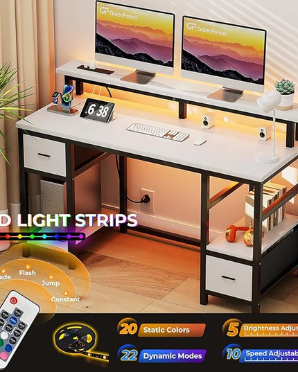 GreenForest Computer Desk with 2 Drawers and Power Outlets,50 Inch Office Desk with 2 Monitor Stands and Fabric File Cabinet, Reversible Gaming table with Led Lights and Shelves, Work Desk, White - LeafyLoom