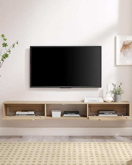 Walker Edison Modern Rattan Flip-Down-Door Wall-Mounted Floating Stand for TVs up to 80 Inches, 70 Inch, Coastal Oak - LeafyLoom